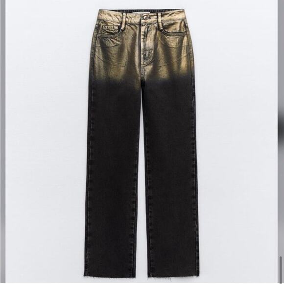 Zara Black and Metallic Gold HIGH WAIST Z1975 STRAIGHT LEG FOIL JEANS - Picture 9 of 11